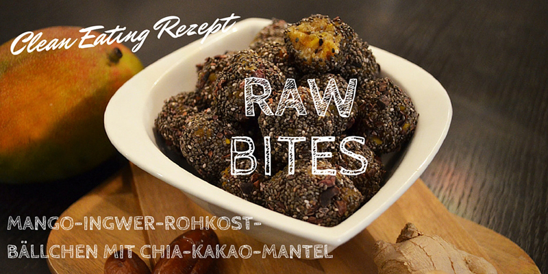 Raw Bites Rezept: Mango-Ingwer-Rohkostbällchen mit Chia-Kakao-Mantel