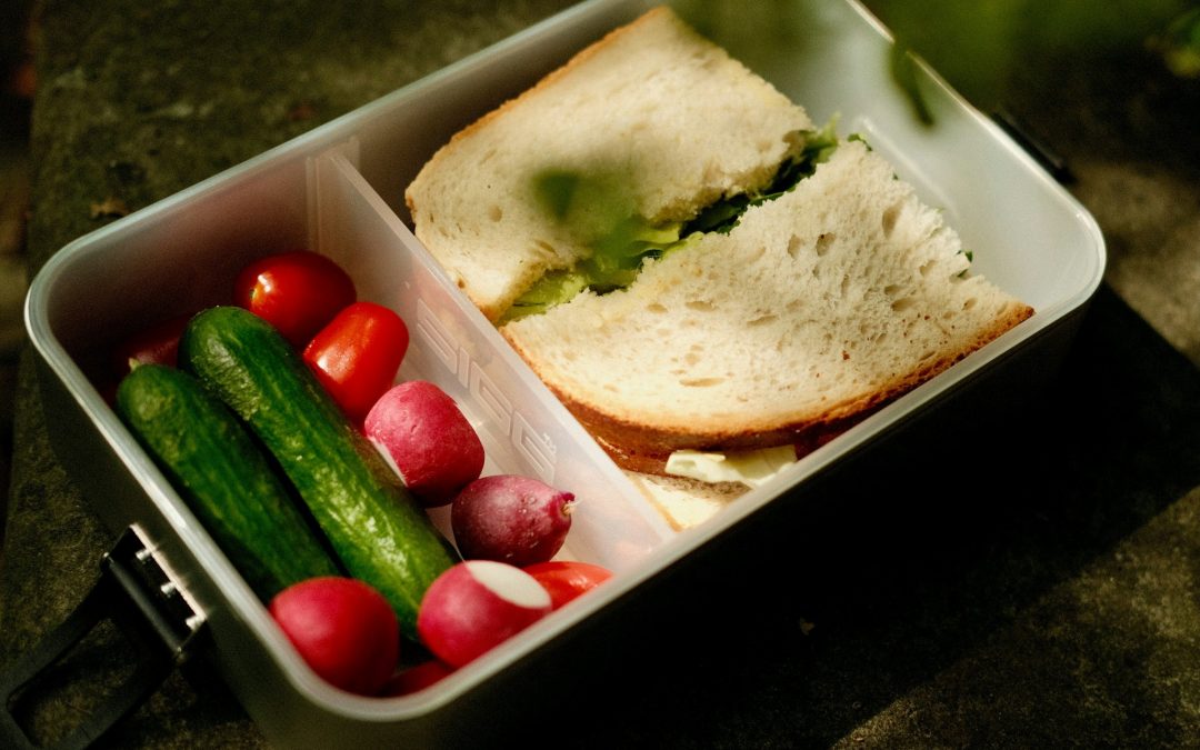 Geoeffnete Brotdose mit Trennfach, darin ein belegtes Brot, Gurken, Radieschen und Tomaten